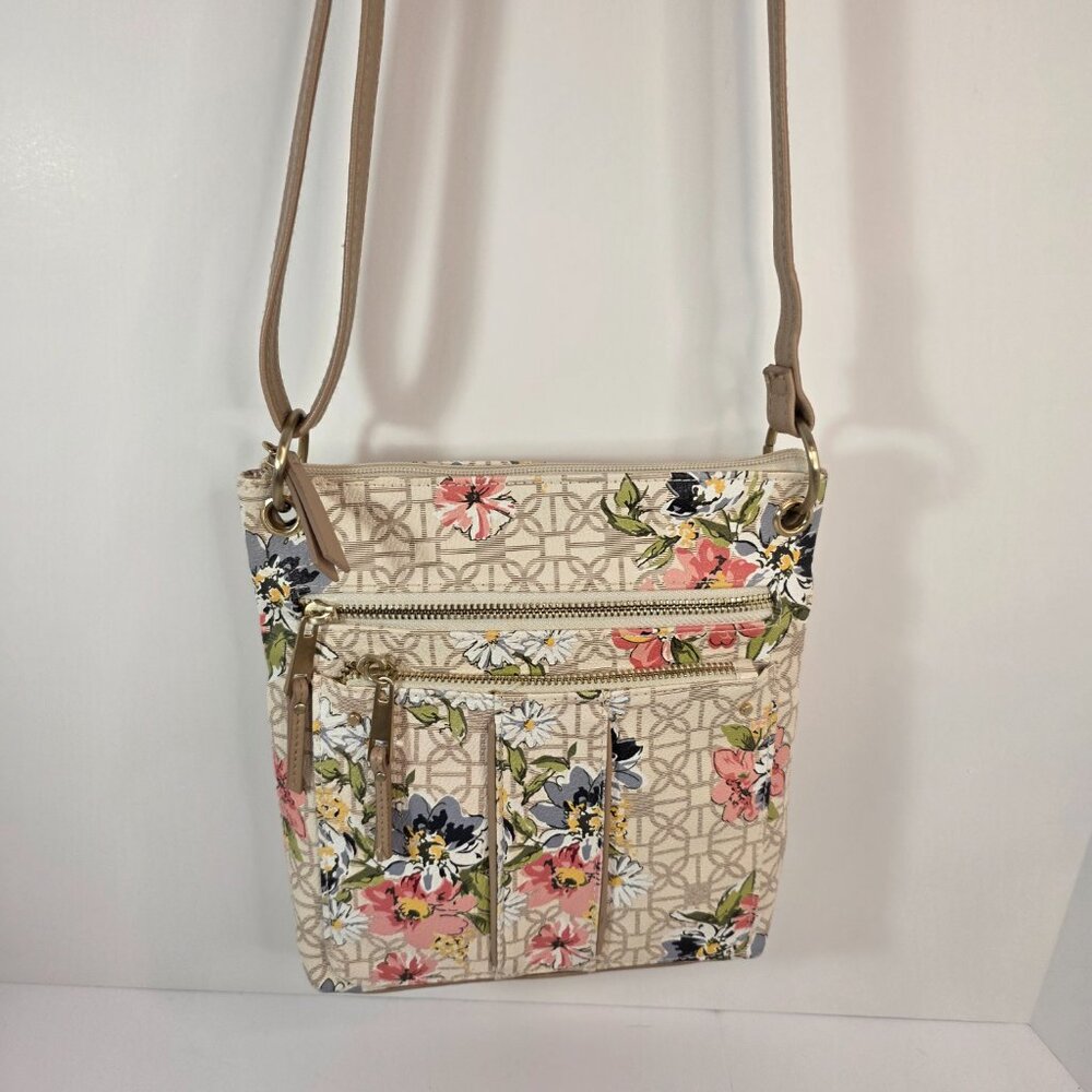 Floral Crossbody Bag Tan Neutral Multi Pocket Adjustable Strap - Picture 2 of 9